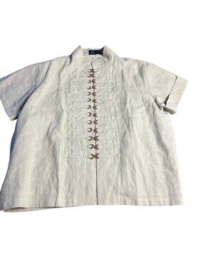 Peacock Ways green L 100% Linen Open Front Cardigan Coin short sleeve Jacket